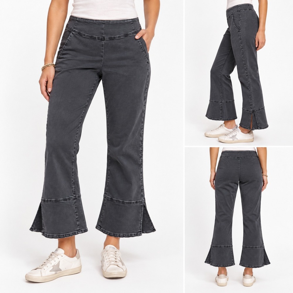PILCRO Anthropologie Womens L Charcoal Black Cropped Flare Pants Wide Leg Boho